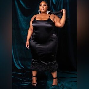 REBDOLLS Black Satin Dress with Feather Hem